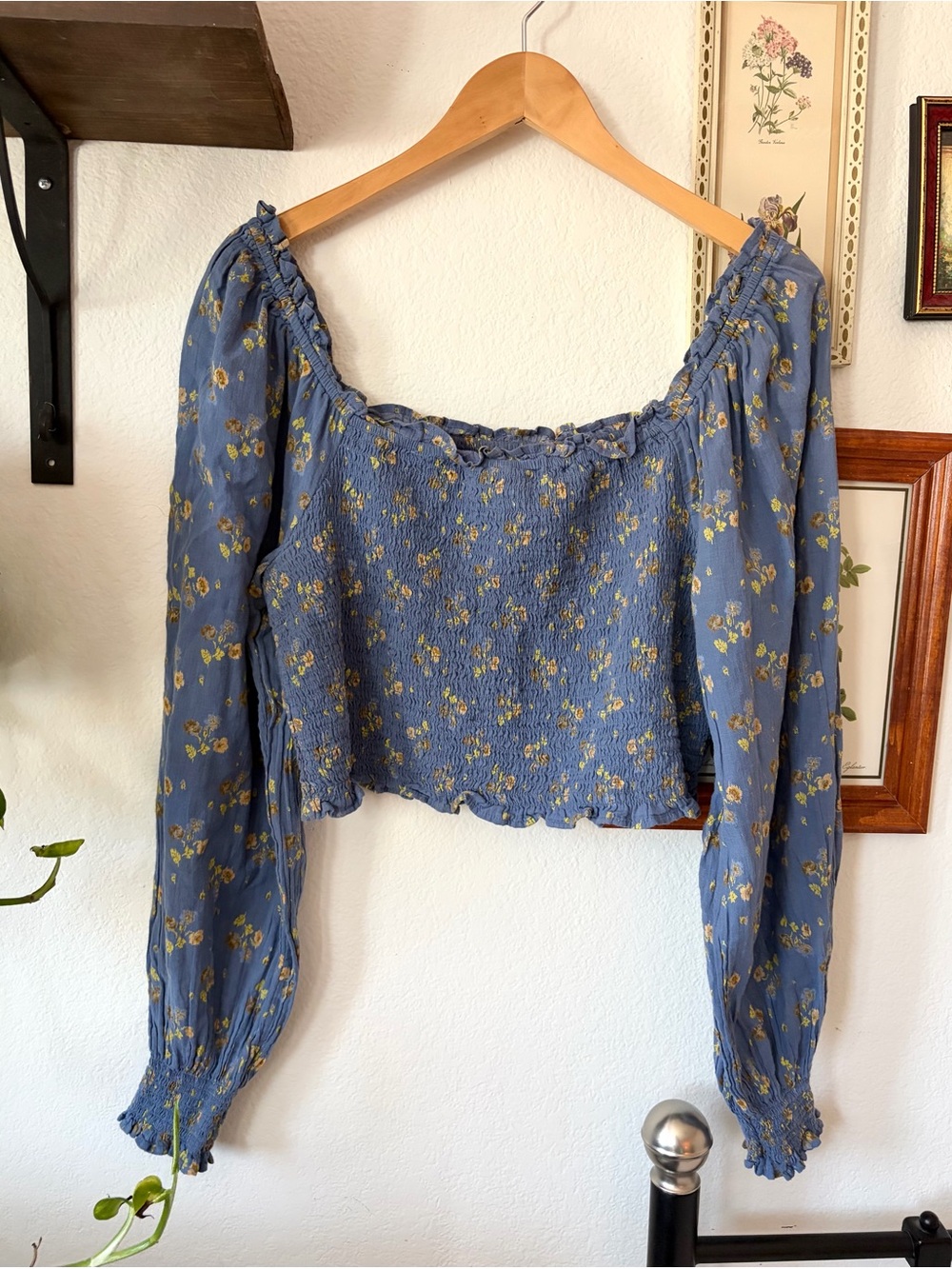 aerie Blue Floral Smocked Off-Shoulder Long Sleeve Blouse